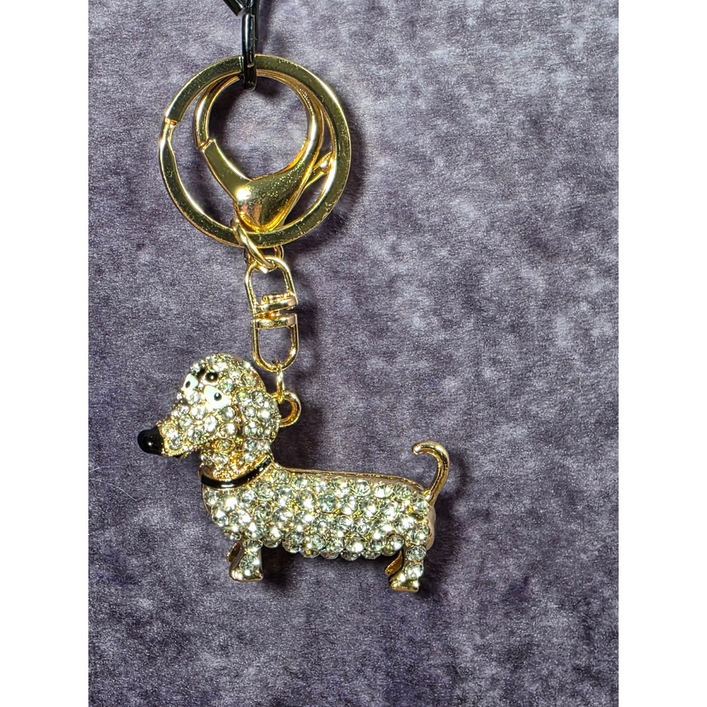 Dachshund Weiner Dog Gold Tone Rhinestone Keychain Bag Charm Accessory